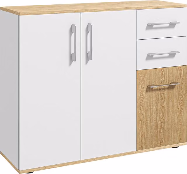 Credenza moderna HOMCOM con 3 porte, 2 cassetti e ripiano regolabile, Bianco e legno naturale, L 90 x P 30 x H 75,5 cm