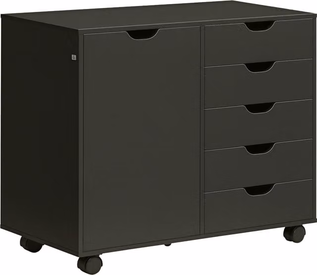 HOMCOM Mobile portaoggetti da scrivania con 5 cassetti, 1 porta e ripiano regolabile, supporto stampante su ruote, L/P/H: 78 x 40 x 66,5 cm, nero