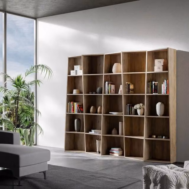 Libreria Trek 5 elementi ITAMOBY colore Noce, design moderno con pannello posteriore, H: 227 cm, L: 200 cm, P: 35 cm