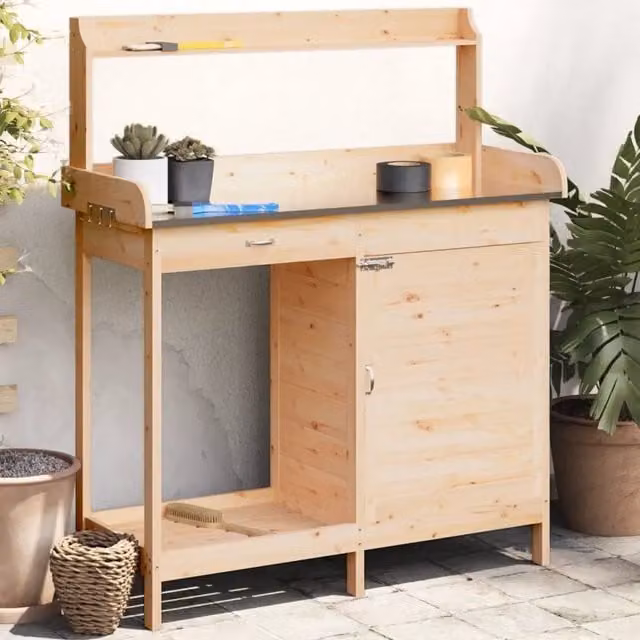 Tavolo Invaso con Mobile-Fioriera Multifunzione Design Mania in Abete Massello Marrone L/P/H: 110,5 x 45 x 124,5 cm