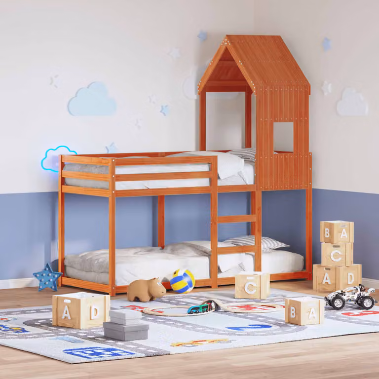 Letto a Castello con Tetto a Forma di Casa vidaXL in Legno Massello di Pino, Colore Marrone, 90 x 200 cm
