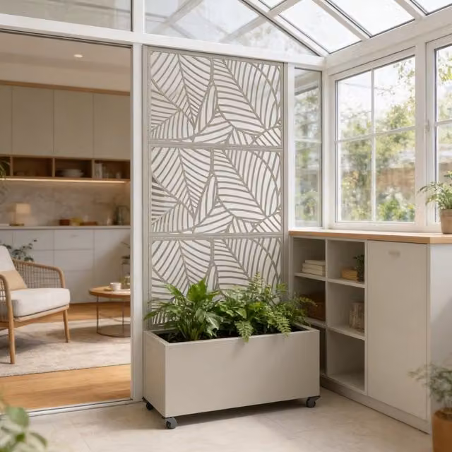 Fioriera con Spalliera e Separè Surnskoki in Acciaio con Portapiante e Rotelle Beige casa.pro L/P/H: 82 x 38 x 190 cm