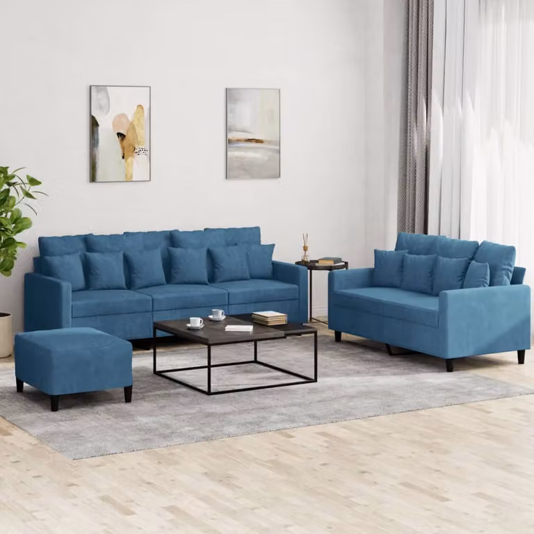 vidaXL Set di Divani 3 pz in Velluto Blu con Ottoman e Cuscini per Soggiorno Moderno