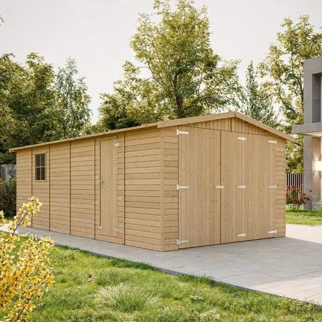 Garage in legno naturale marrone TIMBELA con tetto in tegole bituminose e finestra L: 222 cm, P: 616 cm, H: 324 cm