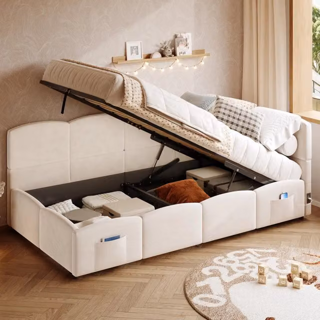 Letto Divanetto Singolo con Contenitore e Porte USB, Rivestimento in Velluto Beige, L/P: 90 x 200 cm