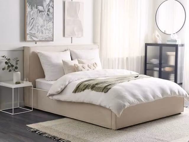 Letto King Size Beliani con Contenitore e Telaio a Doghe, Rivestimento in Tessuto Beige, L/P: 160 x 200 cm