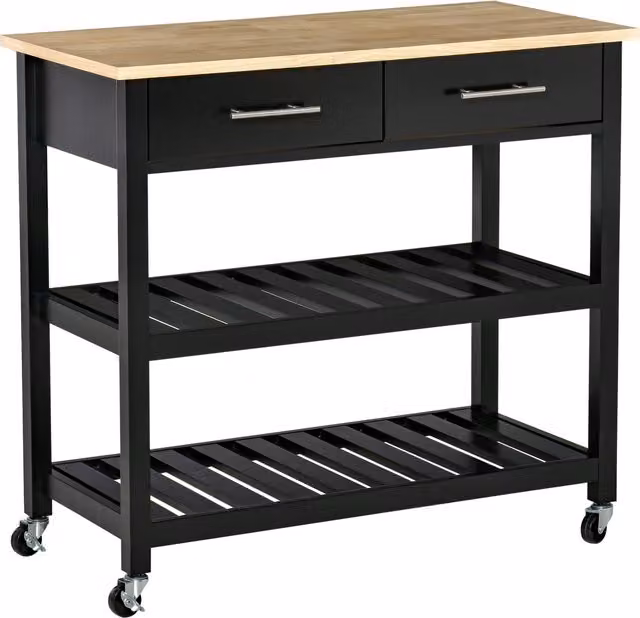 Carrello di servizio da cucina HOMCOM moderno con 2 ripiani, 2 cassetti e ruote, nero e legno naturale