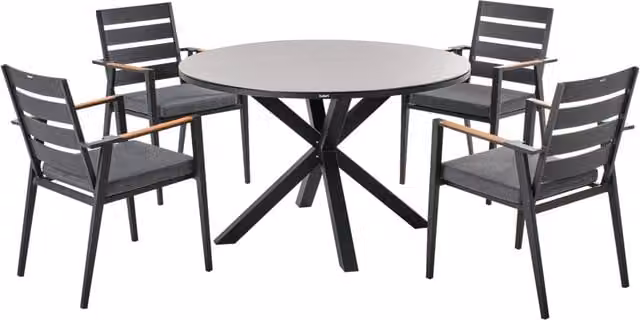 Set da pranzo da giardino Beliani con tavolo in alluminio e piano in ceramica grigio e 4 sedie con cuscini, L: 120 cm, P: 75 cm, H: 70 cm