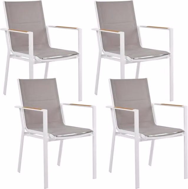 Set di 4 sedie da giardino Beliani con telaio in alluminio bianco e seduta in textilene grigio, design moderno impilabile per esterni