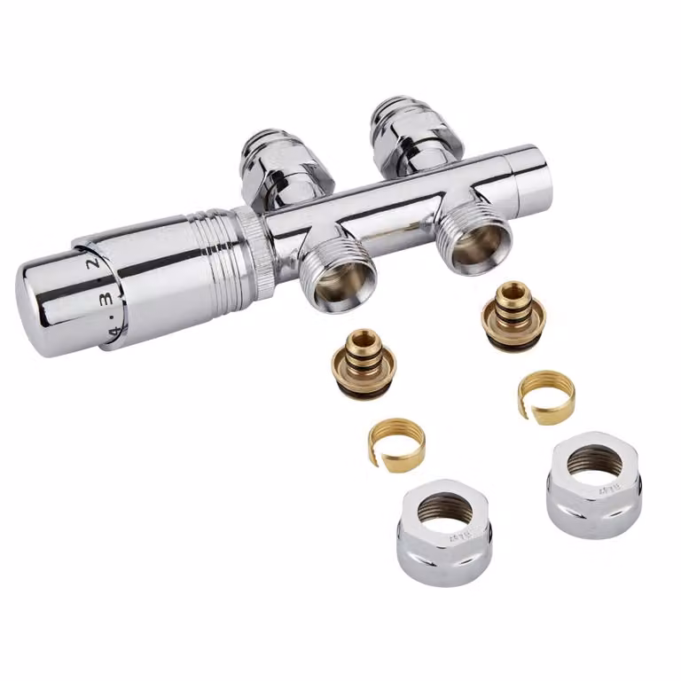 Valvole Diritte Termostatiche Multiblock H HudsonReed per Radiatori 3/4 con Adattatori Multistrato Ø16mm in Ottone Colore Cromo con Testina Termostatica inclusa