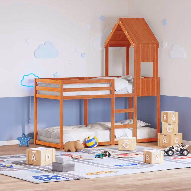 Letto a Castello con Tetto a Forma di Casa vidaXL in Legno Massello di Pino, Colore Marrone Cera, L/P: 90 x 190 cm