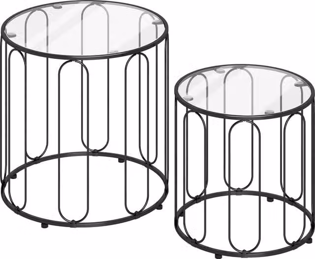 Set di 2 tavolini sovrapponibili HOMCOM in metallo e vetro nero, forma rotonda, Ø50 cm e Ø40 cm