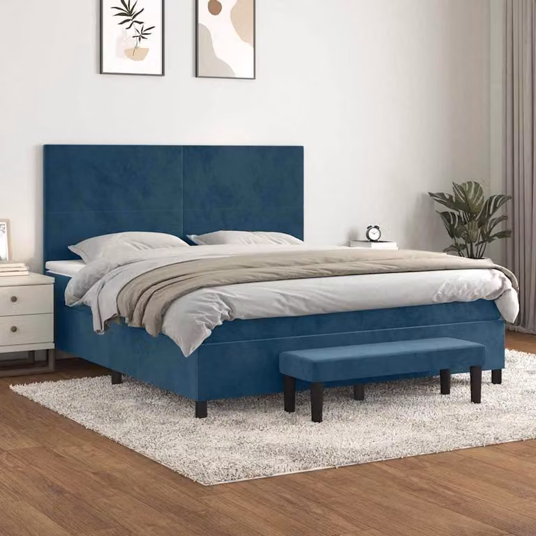 vidaXL Letto Ibrido con Giroletto a Molle e Materasso in Velluto Blu Scuro, L/P/H: 160 x 200 x 128 cm