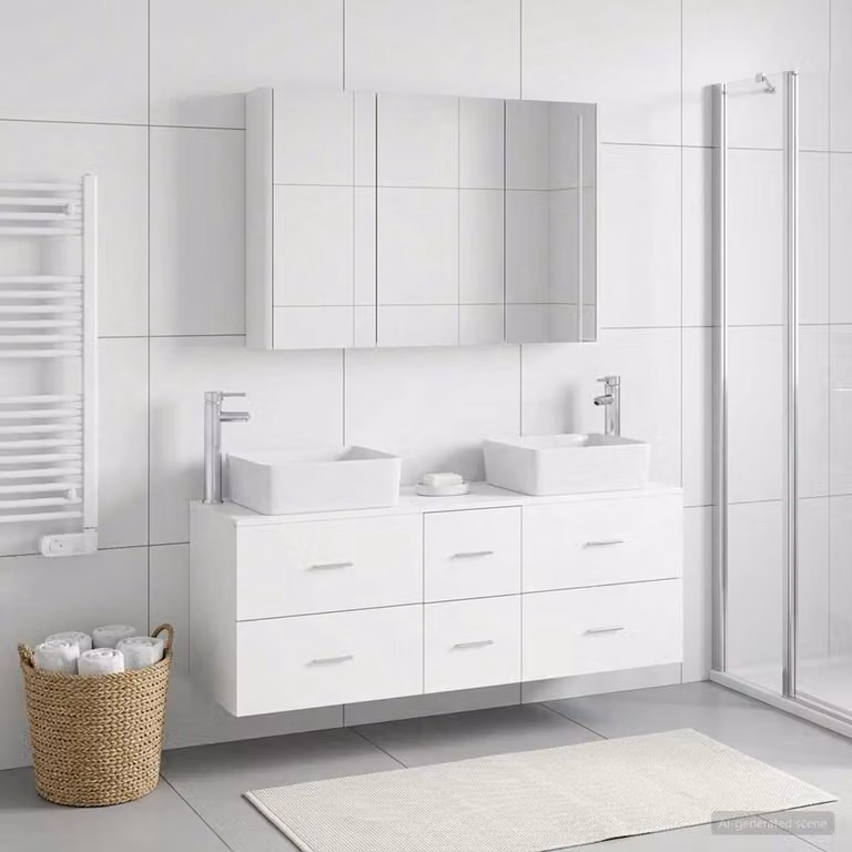 Set di mobili da bagno moderno vidaXL in bianco con specchio illuminato a LED, mobile lavabo e armadietti