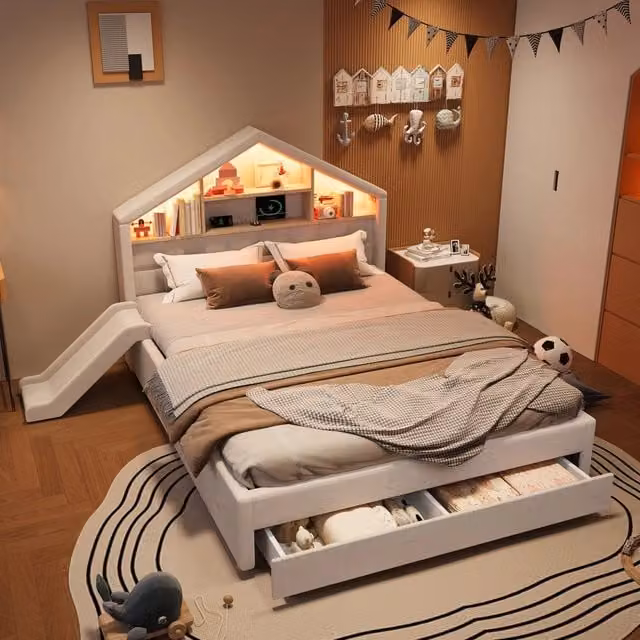 Letto per bambini moderno imbottito in velluto beige con scivolo, illuminazione LED, porta USB, mensola e contenitore, L/P/H: 200 x 140 x 128 cm