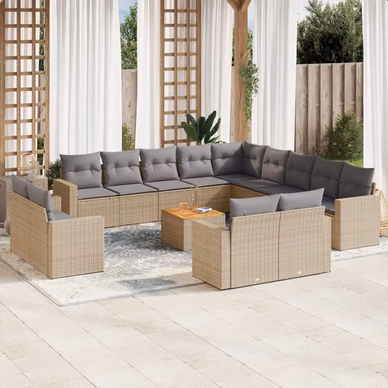 Set di divani da giardino vidaXL a forma di L composto da 14 pezzi con cuscini beige e tavolino da esterno in polyrattan e legno di acacia