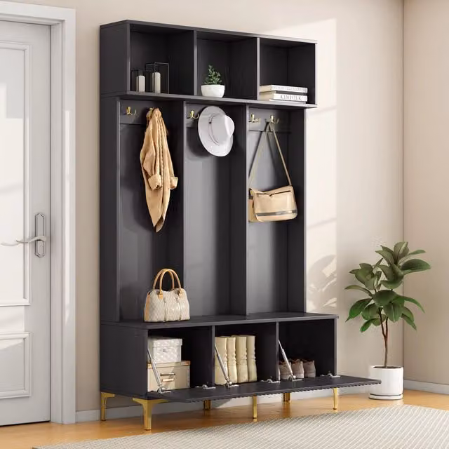 Set di mobili da ingresso Mivray moderno con panca, scarpiera e 6 ganci dorati in nero opaco