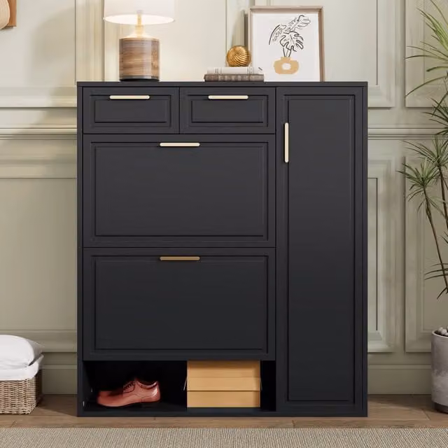 Scarpiera Moderna MINIMAL con Cassetti, Ante e Ripiani, Colore Nero, L/P/H: 95 x 24 x 107 cm