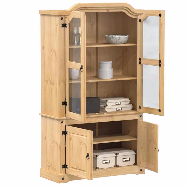 Vetrina Corona vidaXL in legno massello di pino con ante in vetro, stile rustico, colore marrone/beige, L: 103,5 cm, P: 42 cm, H: 180 cm
