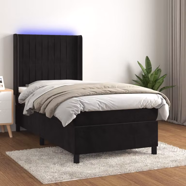 Letto Ibrido vidaXL in Velluto Nero con Materasso, Illuminazione LED e Porta USB, L/P: 90 x 200 cm
