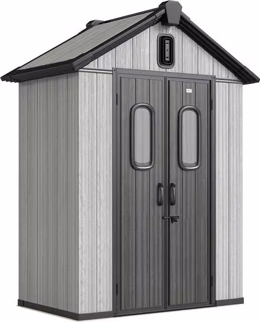 Capanno da giardino Outsunny in plastica grigia con doppie porte bloccabili e finestra, L/P/H: 160 x 98 x 217 cm