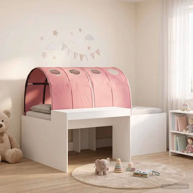 Letto per bambini vidaXL con struttura a casetta e tunnel, Rovere e Rosa, L: 193 cm, P: 120 cm, H: 75 cm