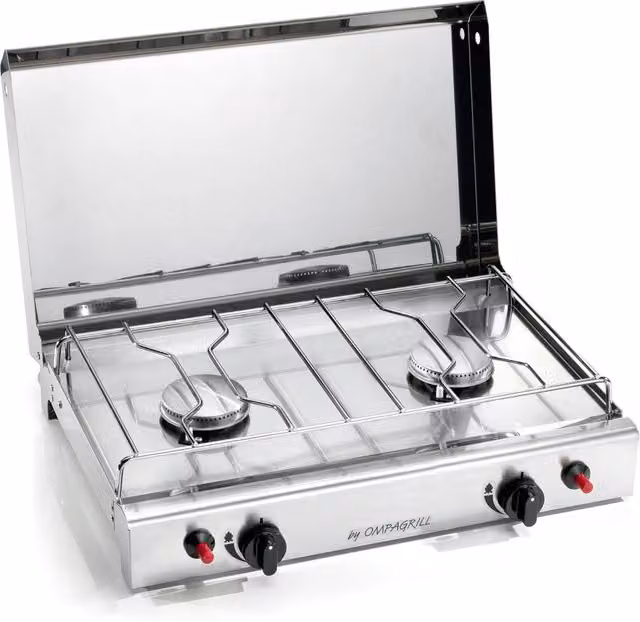 Fornello a gas da tavolo Ompagrill a 2 fuochi in acciaio inox color argento con accensione piezoelettrica per GPL