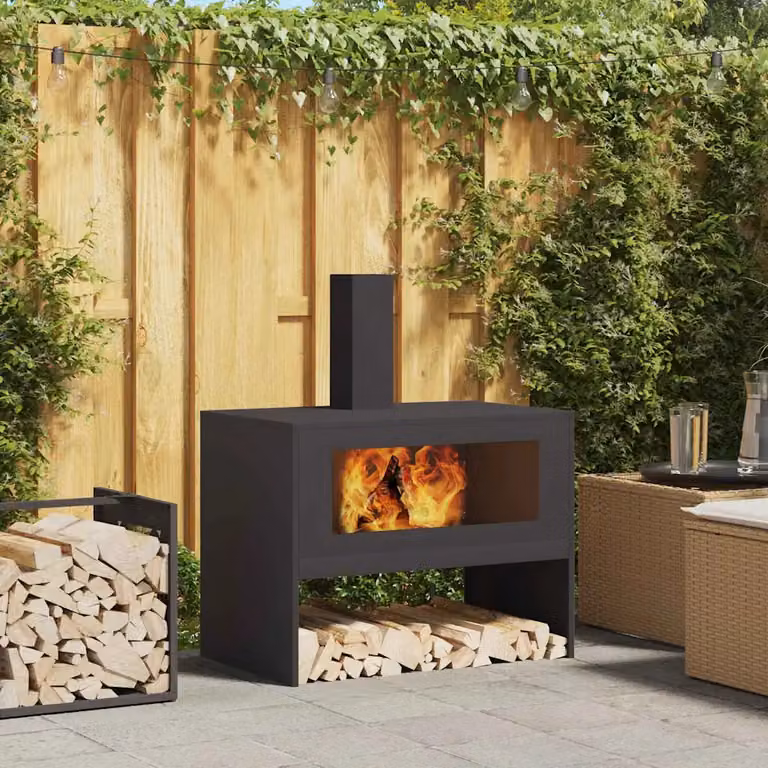 Focolare vidaXL in acciaio nero con base in legno L: 80 cm, P: 50 cm, H: 96 cm