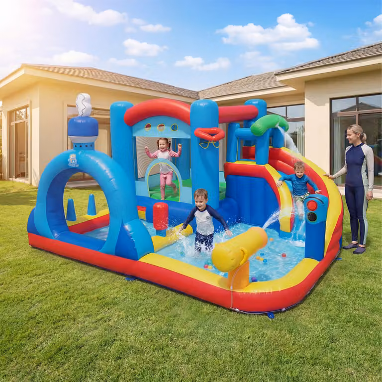 Scivolo gonfiabile ad acqua Costway multicolore con piscina, cannone ad acqua e giochi interattivi per bambini