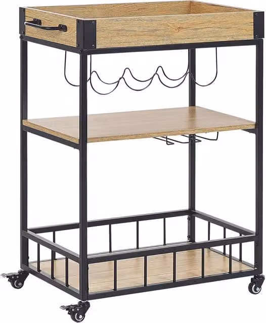 Carrello da cucina moderno BELIANI con 3 ripiani in legno e metallo nero, dotato di ruote, L: 62 cm, P: 37 cm, H: 89 cm