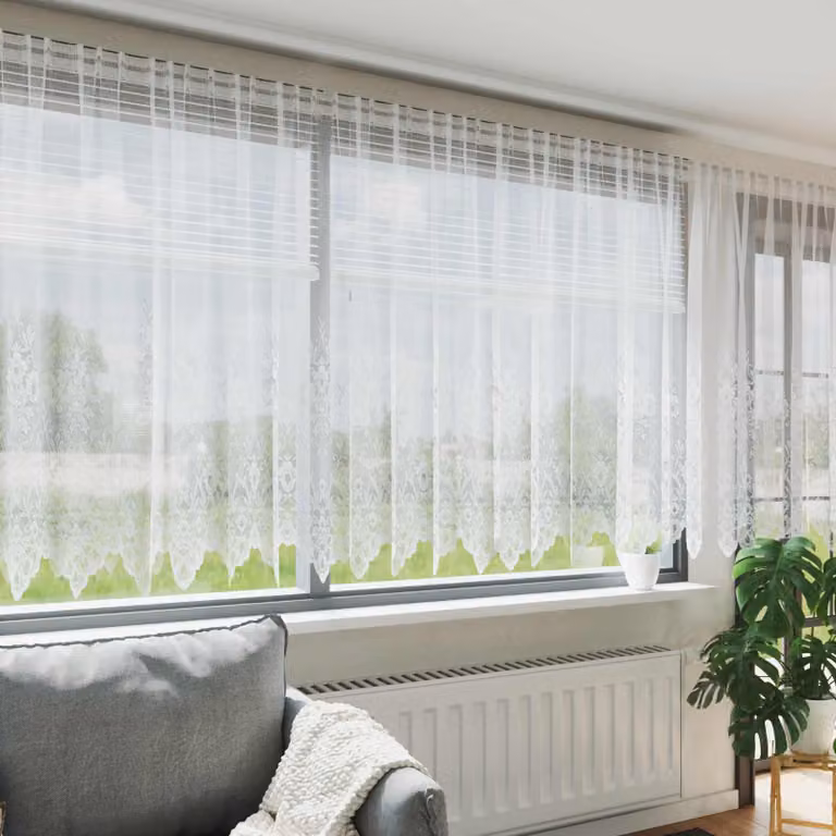 Tenda in pizzo bianca vidaXL con motivo floreale in poliestere, semi-trasparente, L: 180 cm x H: 1200 cm