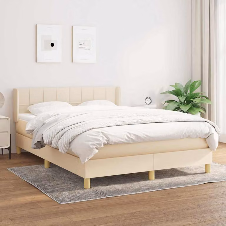 vidaXL Letto Ibrido con Giroletto a Molle e Materasso in Tessuto Beige e Bianco L/P/H: 190 x 140 x 88 cm