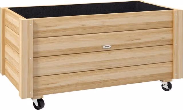 Fioriera da giardino rialzata Outsunny in legno di abete marrone con foro di drenaggio e rotelle, L: 89 cm, P: 48 cm, H: 47 cm