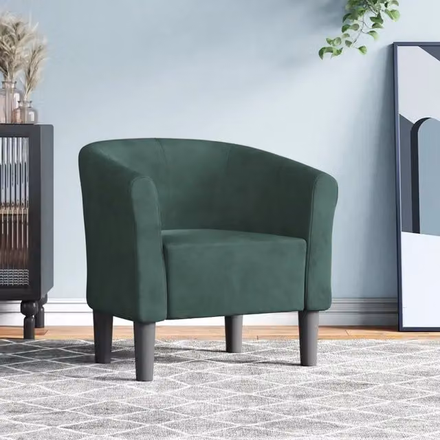 Poltrona moderna vidaXL in velluto verde scuro con struttura in legno e plastica e braccioli