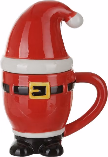 Tazza Babbo Natale in ceramica rossa con coperchio a forma di cappellino, 400 ml