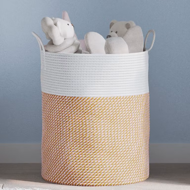 vidaXL Cestino Portaoggetti Multicolore Marrone e Bianco in Tessuto con Maniglie, Pieghevole, Ø 38 x 46 cm