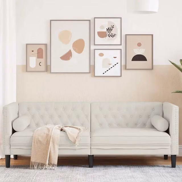 Divano Chesterfield a 3 posti vidaXL in velluto beige con cuscini inclusi L: 194 cm, P: 74,5 cm, H: 70,5 cm
