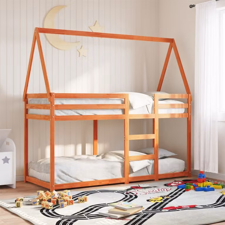 Letto a castello per bambini vidaXL in legno massello di pino con struttura a casetta, finitura cerata marrone, L/P/H: 205.5 x 80 x 112 cm