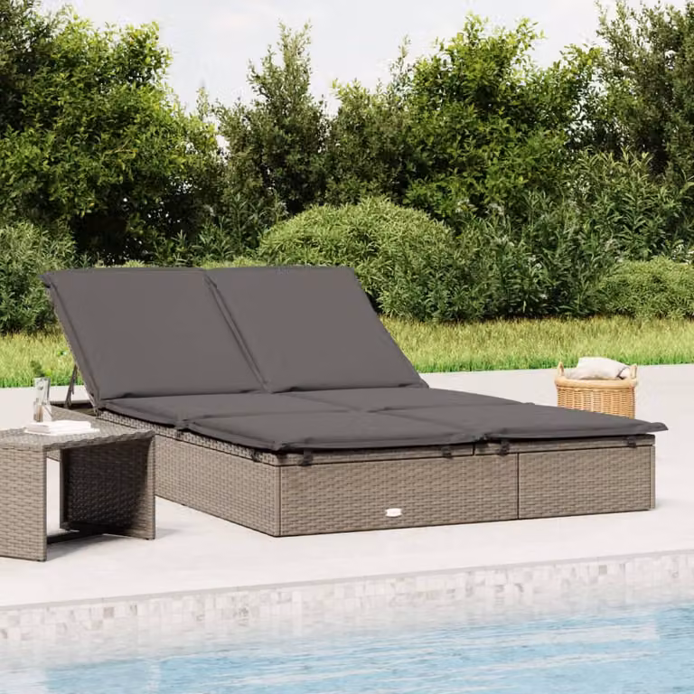 vidaXL Lettino Prendisole per 2 Persone in Polyrattan Grigio con Cuscini Impermeabili e Poggiatesta Regolabile