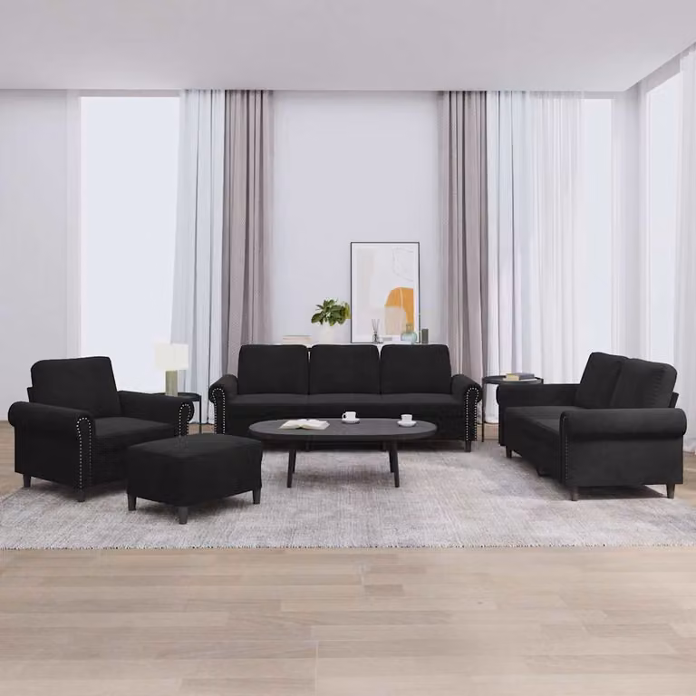 vidaXL Set di Divani Moderno 4 Pezzi in Velluto Nero con Cuscini e Pouf per Soggiorno