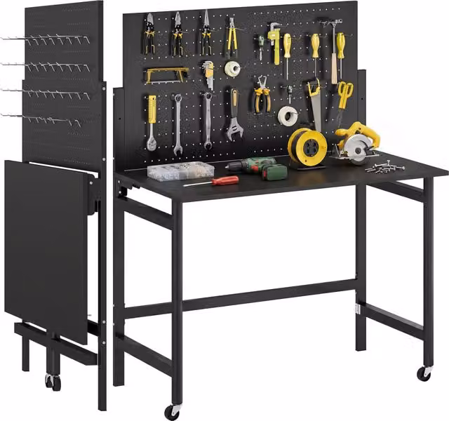 Banco da Lavoro Pieghevole Xylo con Pannello Forato e Ruote in Acciaio Nero L: 143,5 cm, P: 62 cm, H: 100 cm