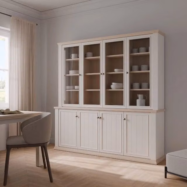 Vetrina Essenza TEZETA in stile classico con 4 ante in vetro, colore bianco e rovere, H: 202,1 cm x L: 198,5 cm x P: 43,3 cm