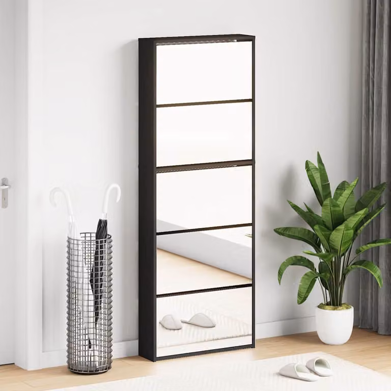 Scarpiera moderna vidaXL con specchio e vani a ribalta nera L: 63 cm, P: 17 cm, H: 169,5 cm