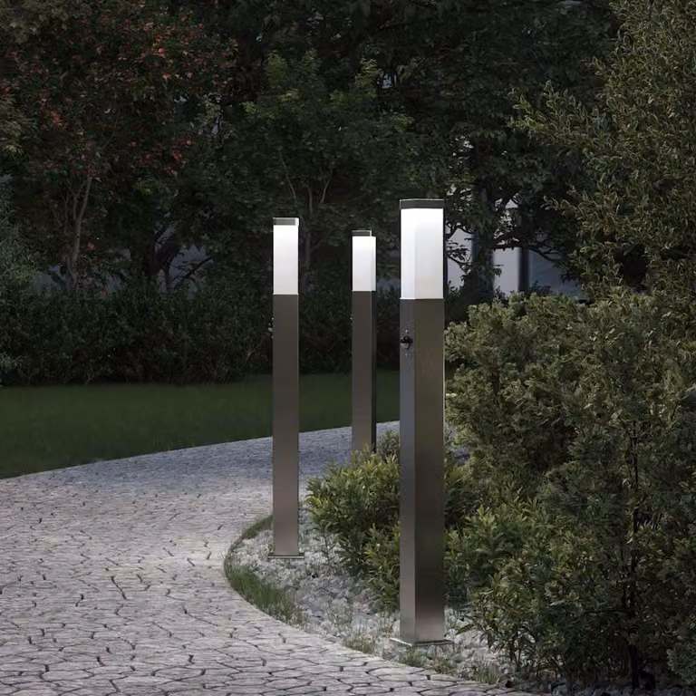 Set di 3 lampioni a dissuasore vidaXL in acciaio inox color argento con sensore di movimento, IP44, Altezza: 80 cm