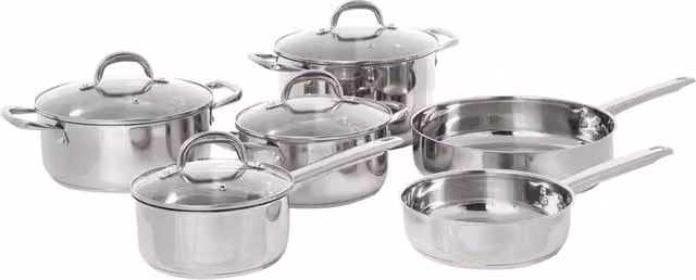 Set di 10 pezzi BELIANI composto da 4 pentole con coperchio e 2 padelle in acciaio inossidabile e alluminio, colore argento