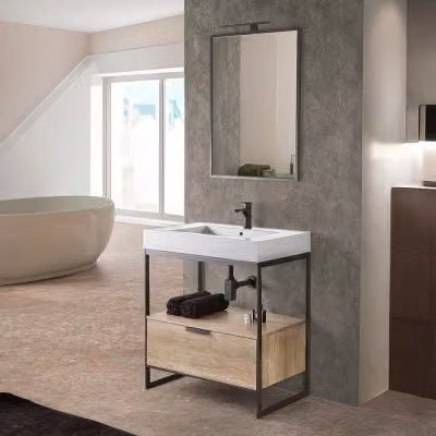 Mobile bagno a terra Inbagno Kubic nero con lavabo bianco e specchio, larghezza: 75 cm