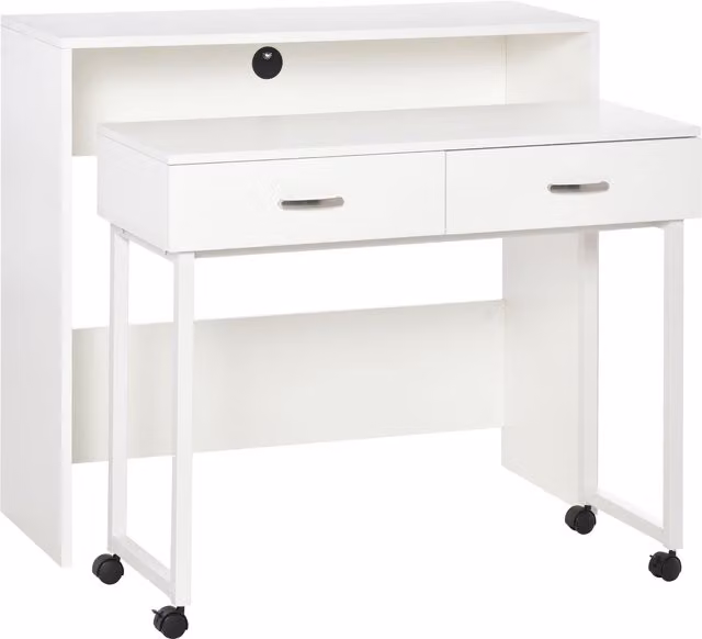 Scrivania HOMCOM per Ufficio e Camera da Letto con Cassetti e Ruote, Moderna, Bianca, L: 100 cm, P: 36 cm, H: 88 cm