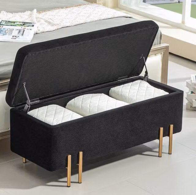 Panca contenitore imbottita MODFU in tessuto nero con struttura in legno e metallo L: 100 cm, P: 40 cm, H: 42 cm