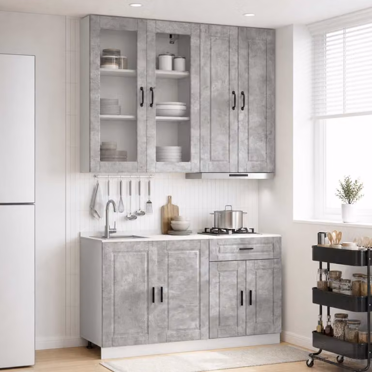 Set di mobili da cucina moderna vidaXL PORTO composto da 4 pezzi in grigio cemento con ante in vetro e ripiani interni