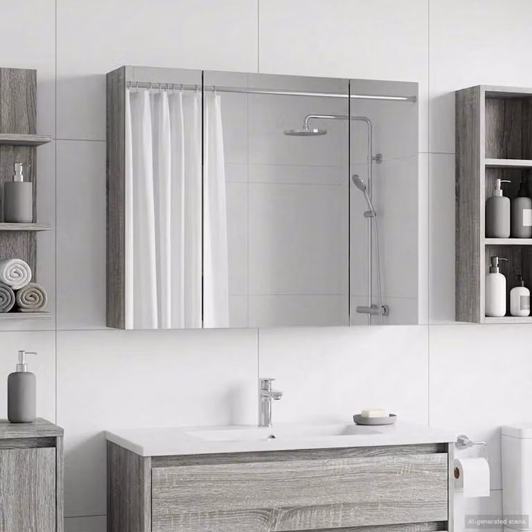 Mobiletto per specchio da bagno vidaXL Grigio Sonoma, moderno, con specchio e ripiani interni, sospeso, L: 60 cm, P: 14,5 cm, H: 50 cm
